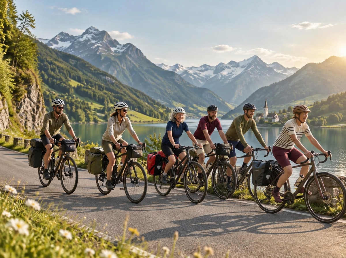 Zwei Radreisende auf einer Uferstraße vor einem Alpenpanorama